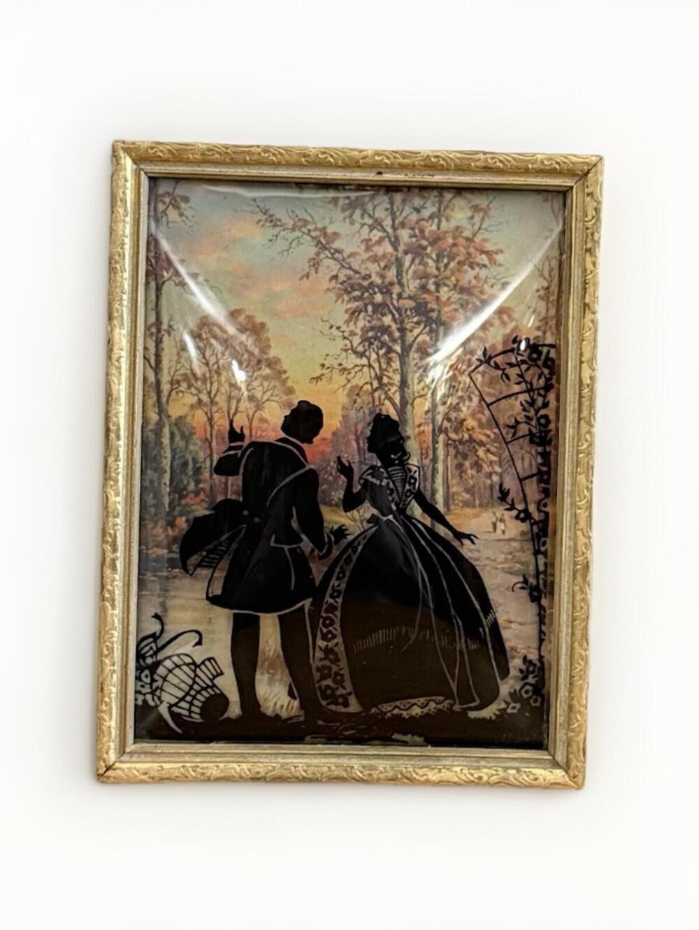 Vintage Collectible Wall Art Reverse Painting Silhouette Victorian Style 8.75" T